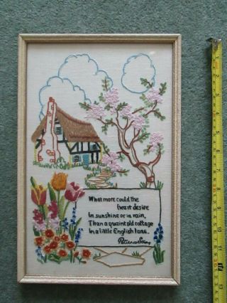 Vintage Framed Hand Embroidered Picture - Cottage In Garden Patience Strong Poem