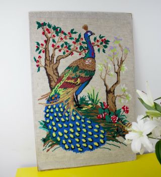 Vintage 1960s Peacock & Flowering Tree Large Wool Tapestry