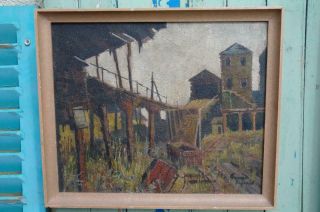 Vintage George Fifield Mid Century British Modern Oil Painting Industry Abstract
