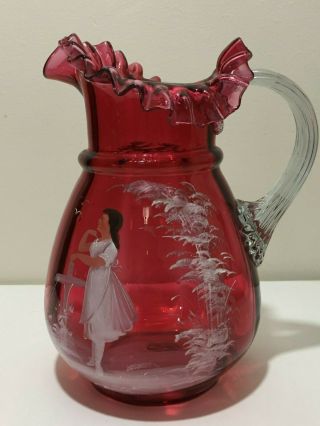 Rare Antique Vtg Mary Gregory Red Glass Ruffled Edge Pitcher Clear Handle