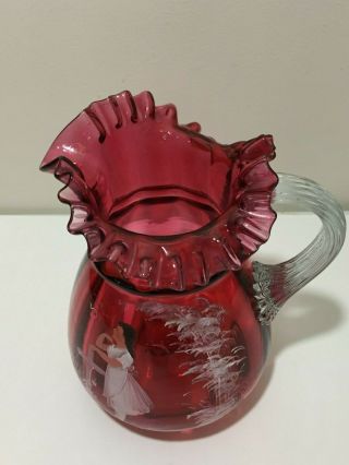 RARE ANTIQUE VTG MARY GREGORY RED GLASS RUFFLED EDGE PITCHER CLEAR HANDLE 2