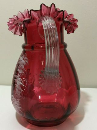 RARE ANTIQUE VTG MARY GREGORY RED GLASS RUFFLED EDGE PITCHER CLEAR HANDLE 4