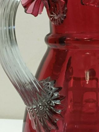 RARE ANTIQUE VTG MARY GREGORY RED GLASS RUFFLED EDGE PITCHER CLEAR HANDLE 5