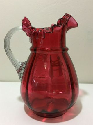 RARE ANTIQUE VTG MARY GREGORY RED GLASS RUFFLED EDGE PITCHER CLEAR HANDLE 6