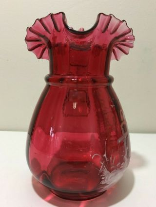 RARE ANTIQUE VTG MARY GREGORY RED GLASS RUFFLED EDGE PITCHER CLEAR HANDLE 7