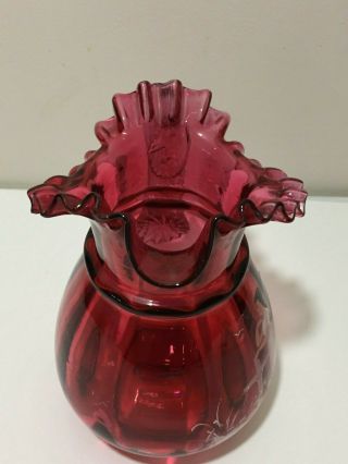 RARE ANTIQUE VTG MARY GREGORY RED GLASS RUFFLED EDGE PITCHER CLEAR HANDLE 8