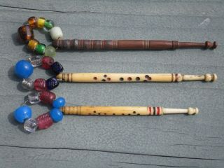 3 Antique English Inscribed Ann & John Bone & Carved Wood Lace Bobbin Circa 1850