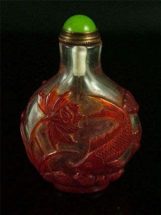 Old Chinese Peking Glass Snuff Bottle Fish & Lotus Symbol Of Rich And Surplus