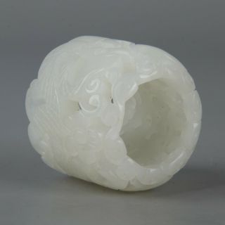 Chinese Exquisite Hand - Made Hetian Jade Dragon Flower Carving Thumb Ring