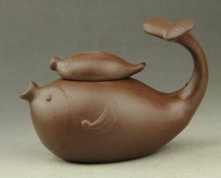 Chinese Old Yixing Purple Sands Hand - Made Fish Statue Purple Sands Teapot B02