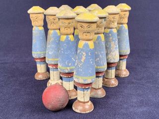 Antique Miniature Bowling Pin Set Wooden Asian Man Figure Oriental Vintage Ball