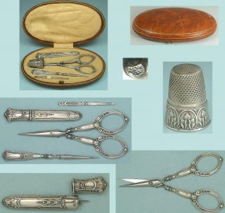 Antique Cased French Silver Sewing Set W/ Scissors,  Thimble,  Needle Case C1890s
