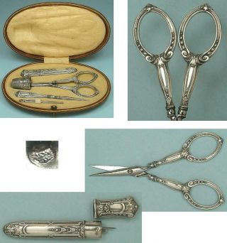 Antique Cased French Silver Sewing Set w/ Scissors,  Thimble,  Needle Case C1890s 2