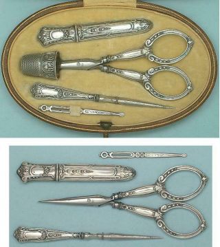 Antique Cased French Silver Sewing Set w/ Scissors,  Thimble,  Needle Case C1890s 3