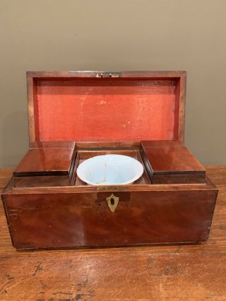 Antique 19th Century English Burl Wood Tea Caddy Fitted Compartments With Key