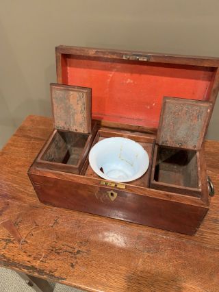 ANTIQUE 19th CENTURY ENGLISH BURL WOOD TEA CADDY FITTED COMPARTMENTS with KEY 3