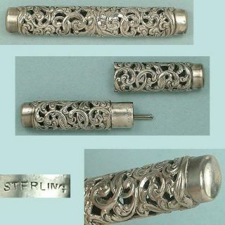 Antique Sterling Silver Pierced Scrolling Needle Case American Circa 1890s