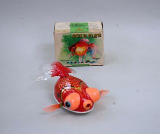 Red China Tin Gold Fish Ms 141 Wind Up Toy 60s In Good