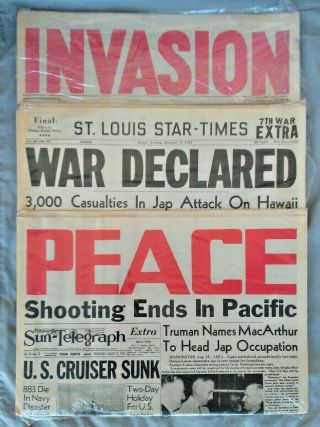 Ww2 Pearl Harbor Attack D - Day Invasion & Japan Surrenders Newspaper Set
