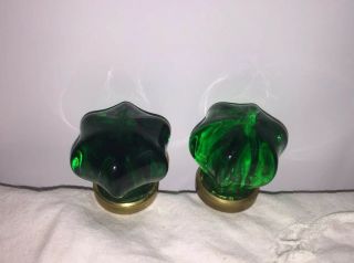 Pair 2 Antique Knobs - Green Glass 6 Point Knob Brass Pull Handle Set