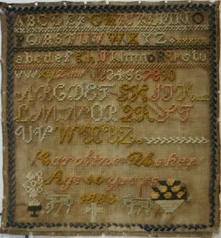 Late 19th Century Motif & Alphabet Sampler By Caroline Usher Aged 10 - 1885