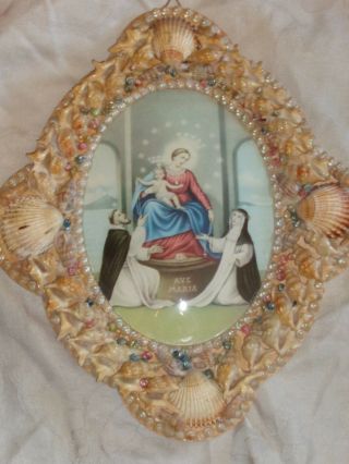 Vintage Convex Glass Folk Art Seashell Frame Madonna Christ Religious Print