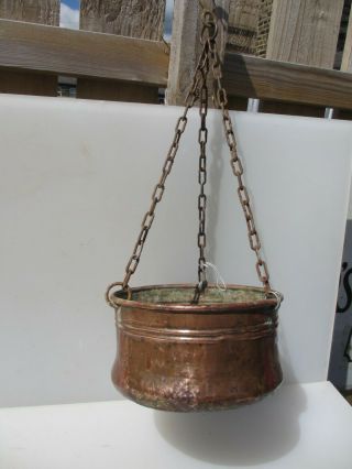 Vintage Copper Planter Plant Pot Tub Basket Iron Chains Cauldron Pan Hanging 9 "