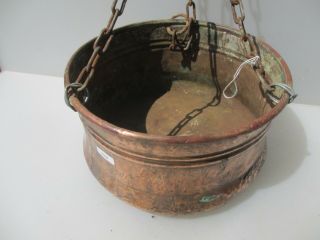 Vintage Copper Planter Plant Pot Tub Basket Iron Chains Cauldron Pan Hanging 9 