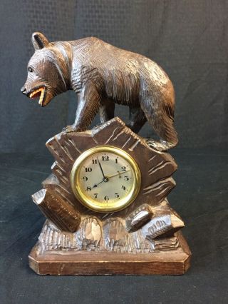 Antique Black Forest Hand Carved Bear Desk Clock Swiss German