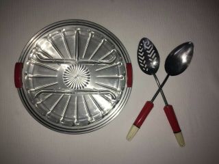 Vtg Art Deco Red Bakelite Glass Serving Tray & Spoons Set