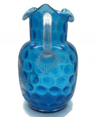 Antique Victorian Mary Gregory Reverse Thumbprint Art Glass Water Pitcher Blue 2