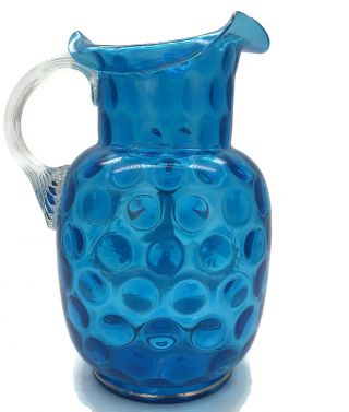 Antique Victorian Mary Gregory Reverse Thumbprint Art Glass Water Pitcher Blue 3
