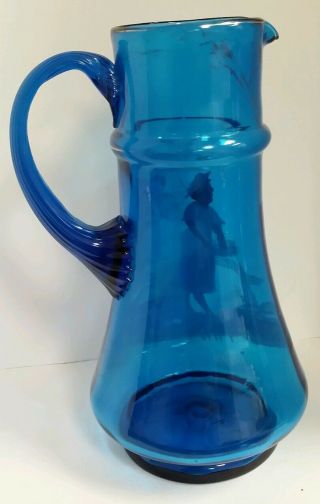 Victorian Blue Glass Mary Gregory Hand Painted Enameled Pitcher 9 3/8 
