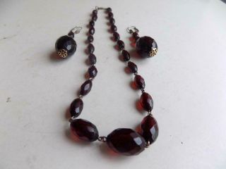 Cherry Amber Bakelite Faceted Dark Colour Set Of Necklace & Earrings