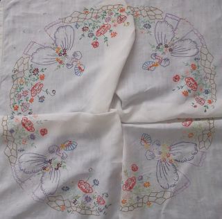 Vintage Crinoline Lady Flowers Garden Birds Hand Embroidered Linen Tablecloth