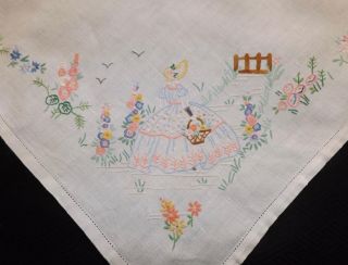 Vintage Irish Linen Hand Embroidered Tablecloth Crinoline Lady In Her Garden