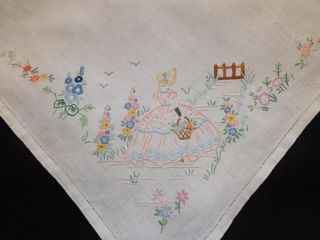 Vintage Irish Linen Hand Embroidered Tablecloth CRINOLINE LADY in her Garden 2