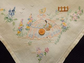 Vintage Irish Linen Hand Embroidered Tablecloth CRINOLINE LADY in her Garden 3
