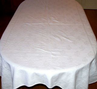 Vintage Damask Tablecloth,  99 " Banquet Sized,  Chrysanthemum Design,  Snow White,