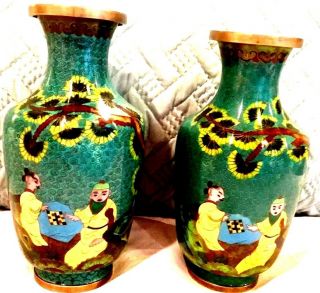2 Stunning Large Antique Chinese Cloisinne Figural Vase - 9.  25 " Tall