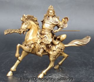 Chinese Brass Horse Guan Gong Yu Warrior God Guangong Hold Knife Statue NR 2