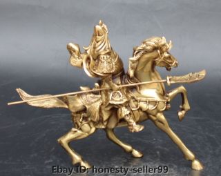 Chinese Brass Horse Guan Gong Yu Warrior God Guangong Hold Knife Statue NR 4