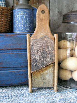 Small Early Antique Wood And Tin Slicer W Old Photo Print