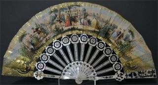 Collectible Continental 19th C Fan Shaped Pierced Mother Of Pearl Victorian
