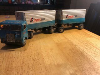 Vtg Tin Friction Toy Tc Trans Con Semi - Truck - Double Trailer - White Freightliner