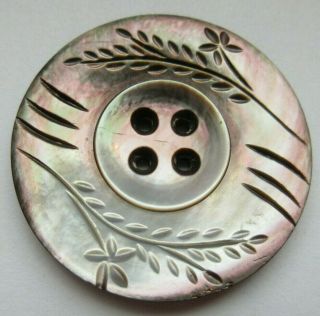 Gorgeous Xl Antique Vtg Carved Smokey Mop Shell Button W/ Floral Design (c)