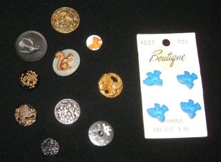 14 Vintage Buttons - Birds And Other Wildlife - Metal,  Plastic