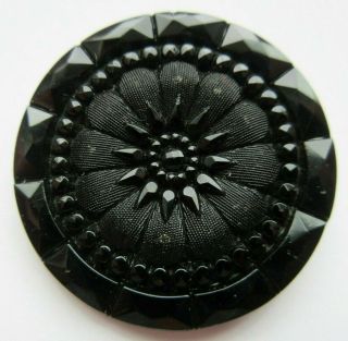 Dazzling X Large Antique Vtg Victorian Black Glass Button Faceted 1 - 1/2 " (b)