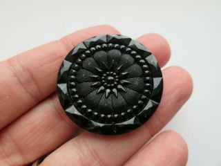 Dazzling X LARGE Antique Vtg Victorian Black GLASS BUTTON Faceted 1 - 1/2 