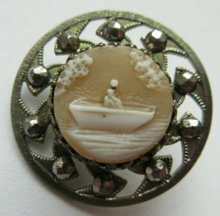 Elegant Antique Victorian Carved Cameo Shell Button Woman In Boat Cut Steels (b)